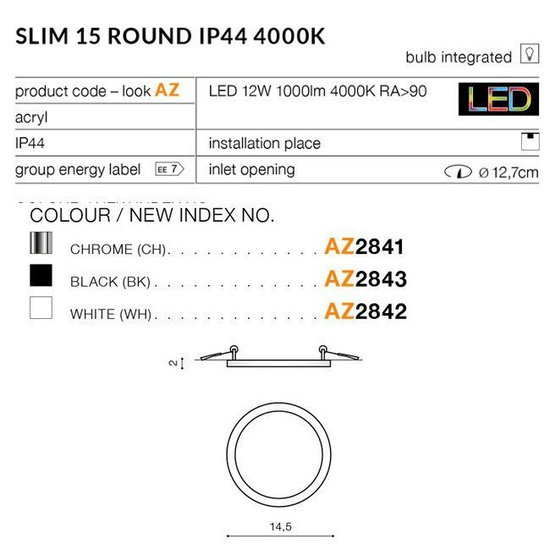 Wpust do łazienki IP44 LED SLIM 4000K ROUND Azzardo