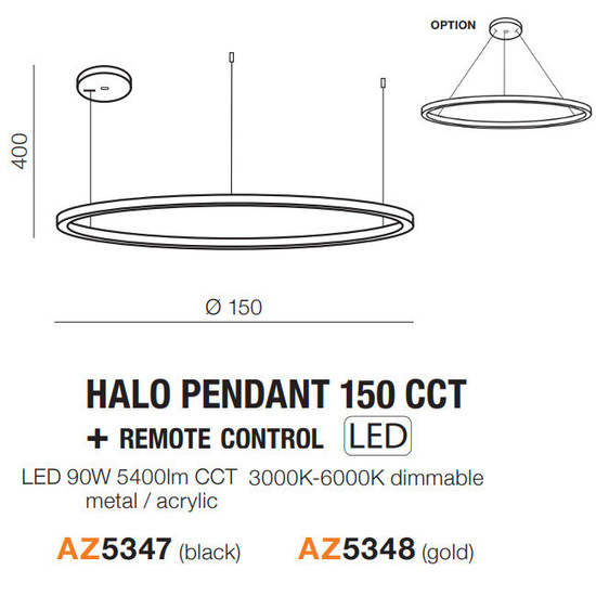 Ściemnialna Lampa wisząca Halo 150 CCT Black Azzardo + pilot w zestawie