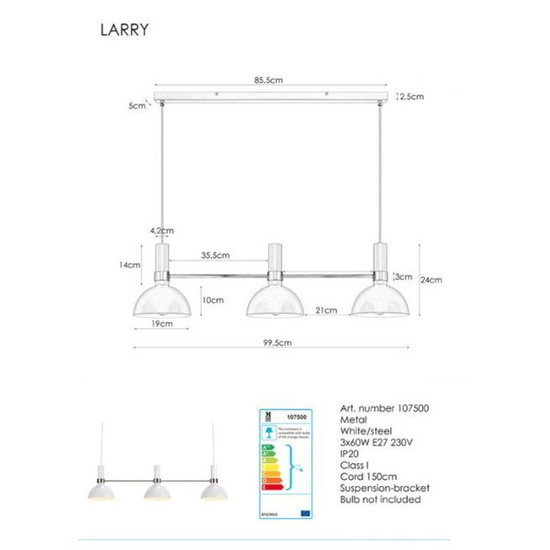 Lampa wisząca Larry 3L biała Markslojd