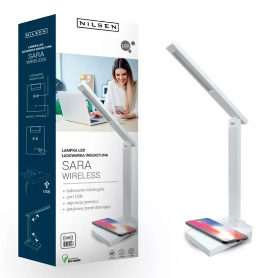 Lampka biurkowa LED Sara z ładowarką indukcyjną wireless biała