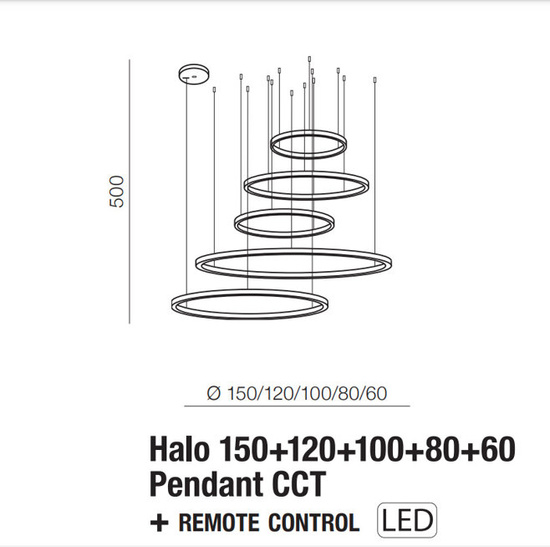 Ściemnialna lampa wisząca Halo 150 + 120 + 100 + 80 + 60 Black Azzardo + pilot