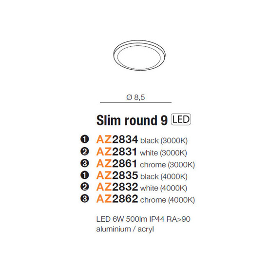 Wpust do łazienki IP44 LED SLIM 9 round 4000K Chrom Azzardo