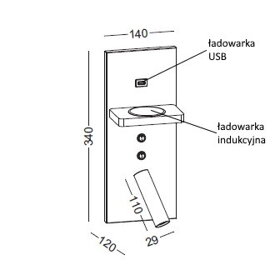 Kinkiet z gniazdem USB I ŁADOWARKĄ INDUKCYJNĄ HOTELS 417H czarny